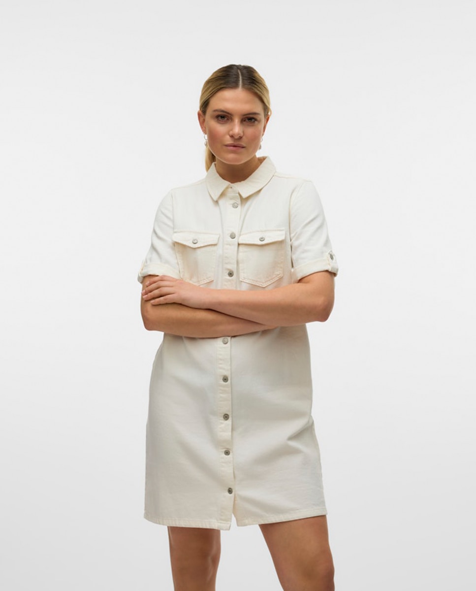 Vestido denim manga corta - Vero Moda - Rosa claro Blanco-5