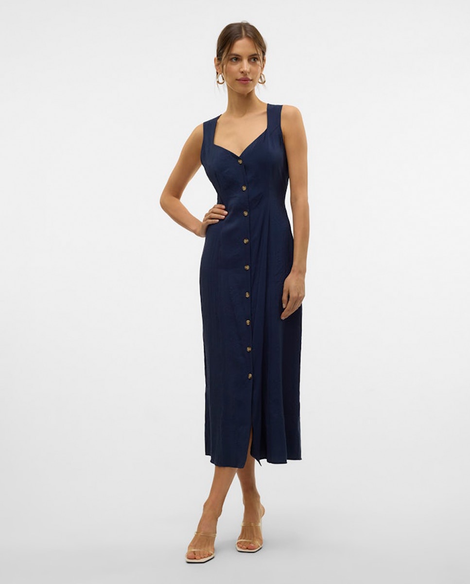 Vestido Abotoado com Decote Coração Azul-índigo-1