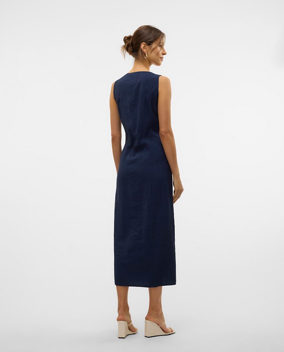 Vestido Abotoado com Decote Coração Azul-índigo-3