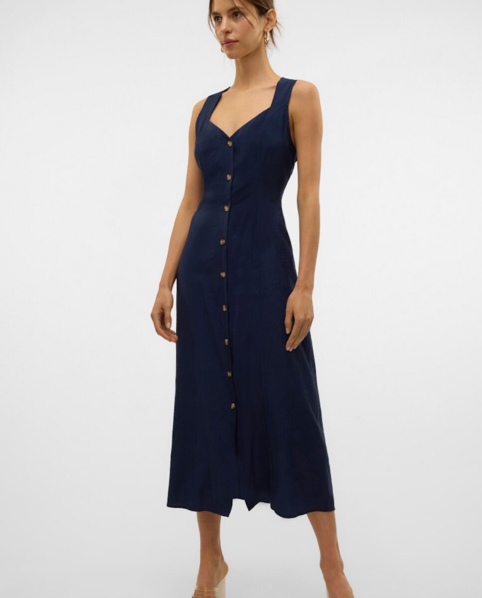 Vestido Abotoado com Decote Coração Azul-índigo-4