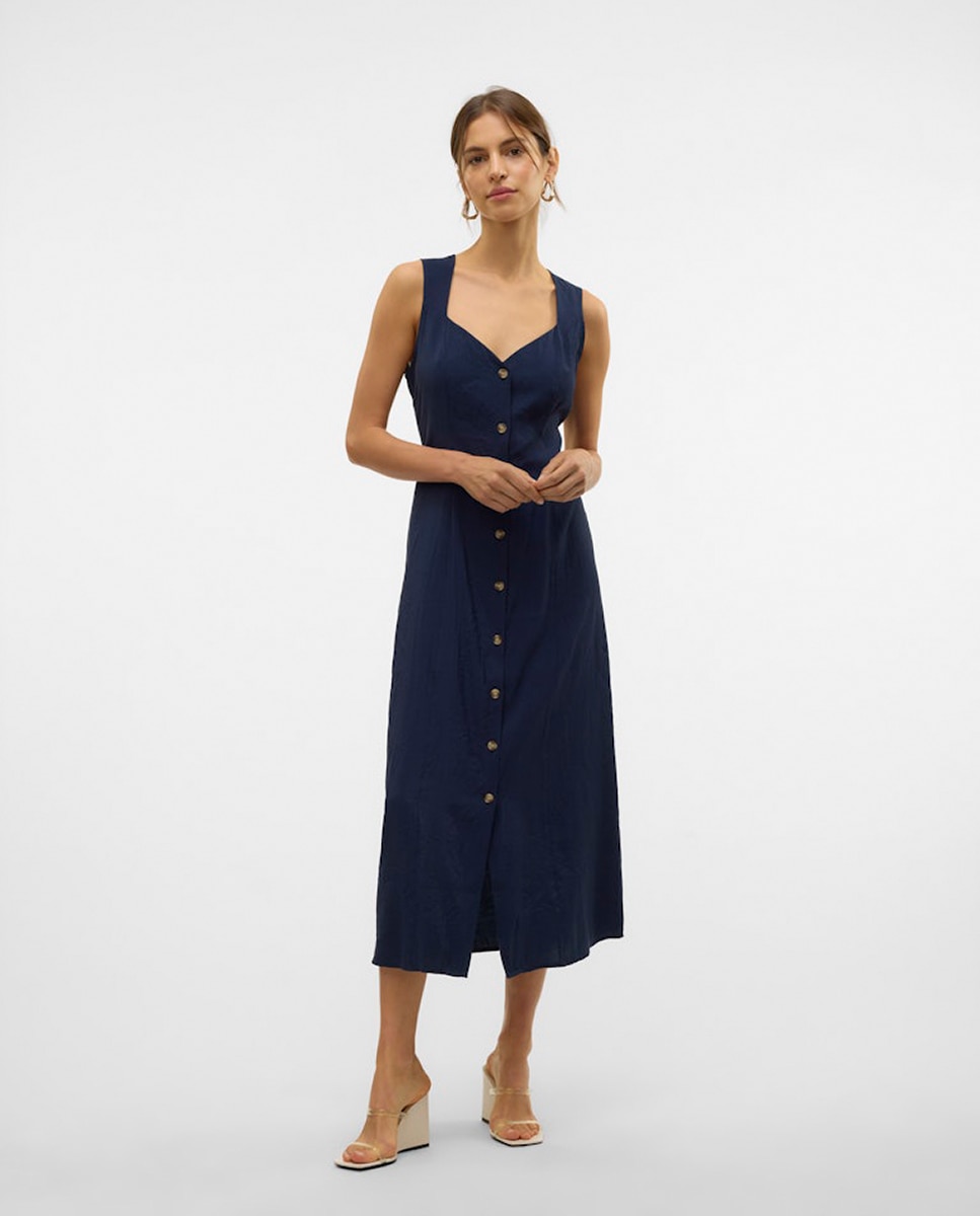 Vestido Abotoado com Decote Coração Azul-índigo-5