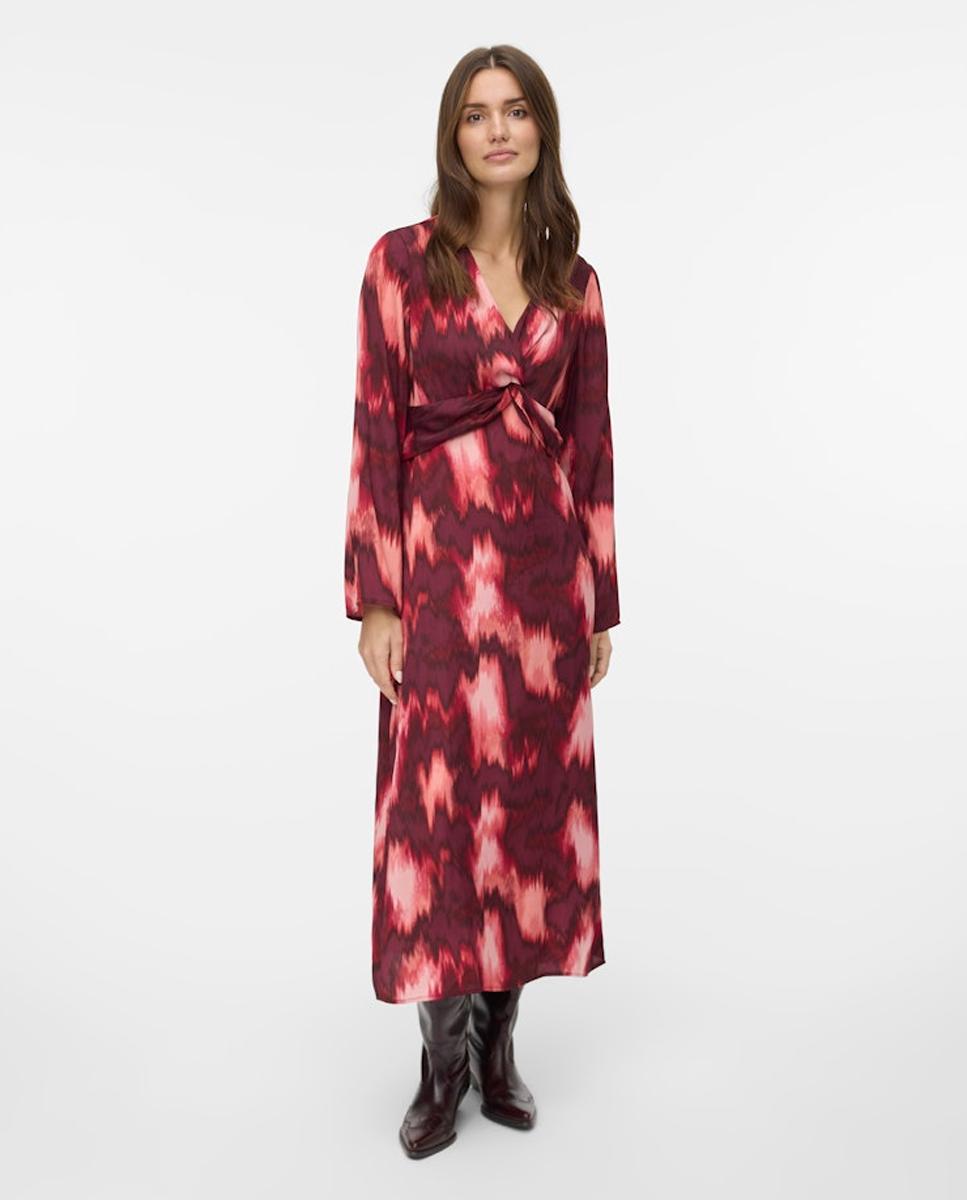 Vestido Comprido Estampado com Detalhe de Nó Grená-1