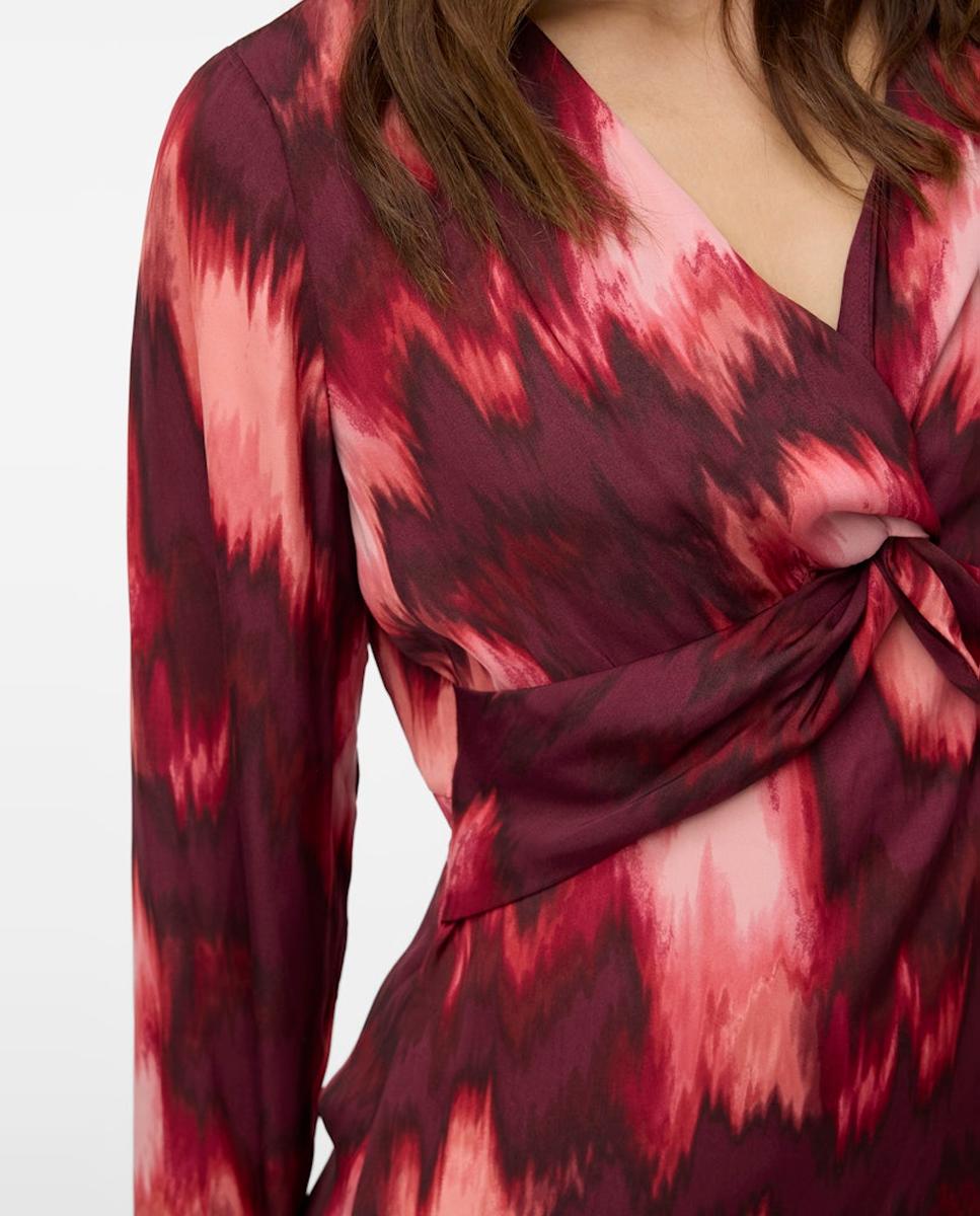 Vestido Comprido Estampado com Detalhe de Nó Grená-4