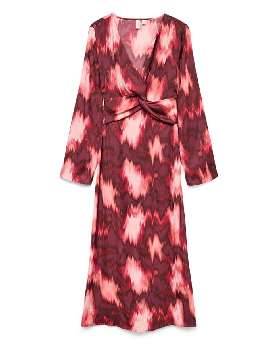 Vestido Comprido Estampado com Detalhe de Nó Grená-5