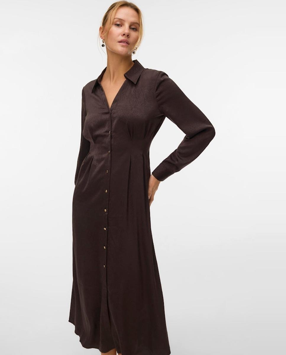 Vestido Camiseiro com Efeito Acetinado Castanho-escuro-4