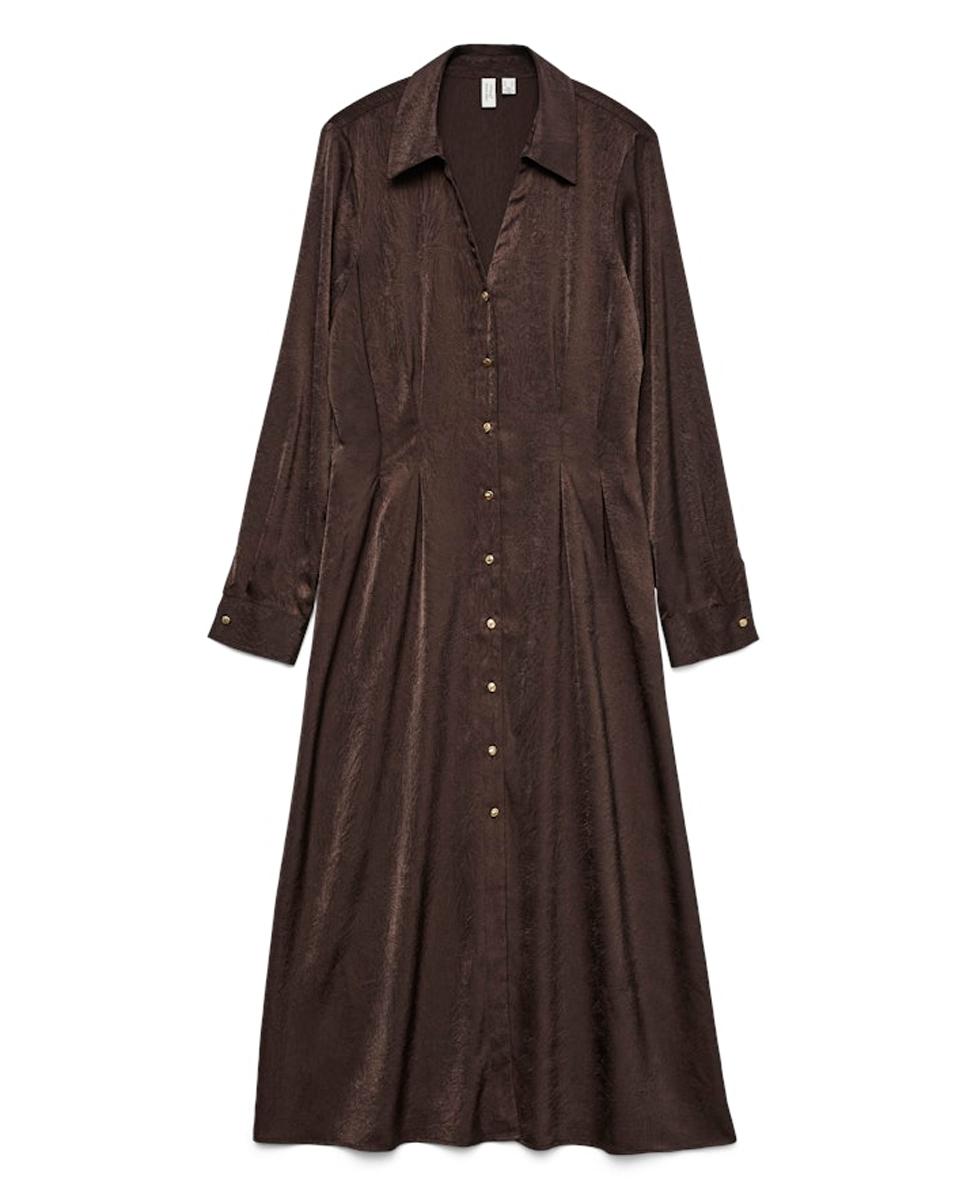Vestido Camiseiro com Efeito Acetinado Castanho-escuro-5
