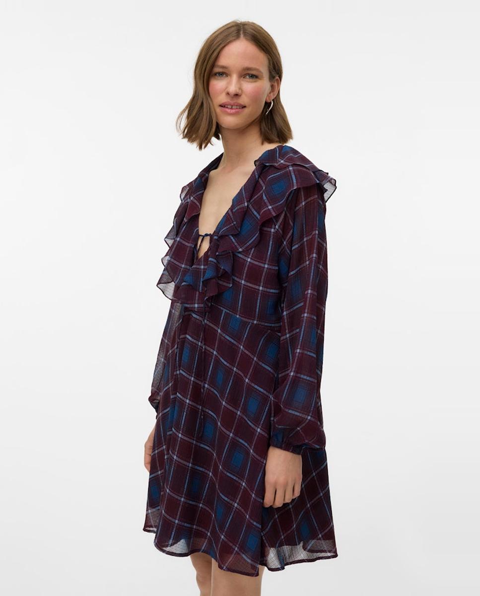 Vestido aos Quadrados com Folhos Grená-2