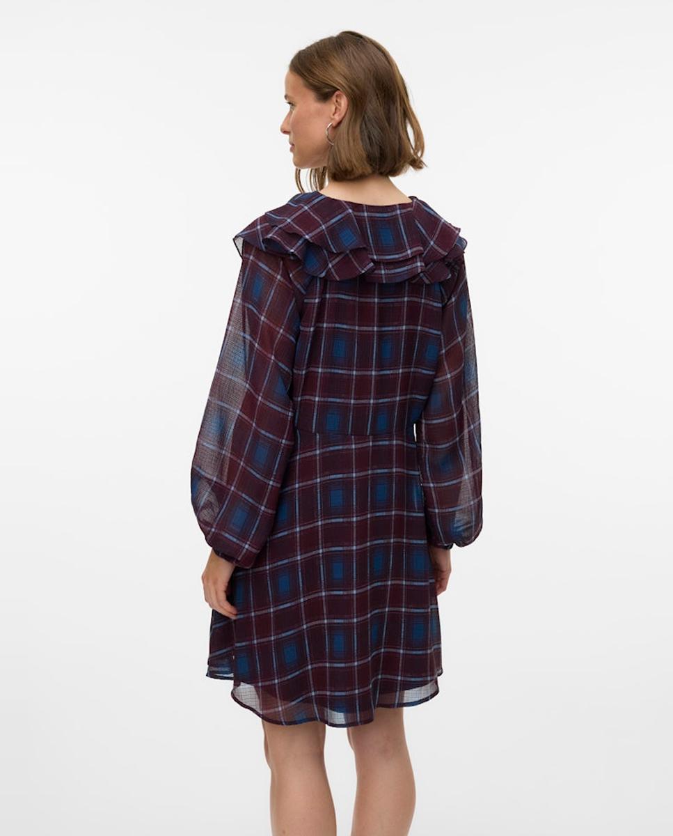Vestido aos Quadrados com Folhos Grená-3