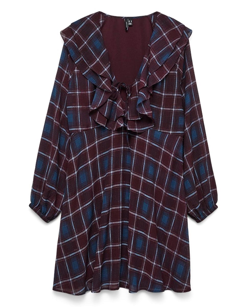 Vestido aos Quadrados com Folhos Grená-5