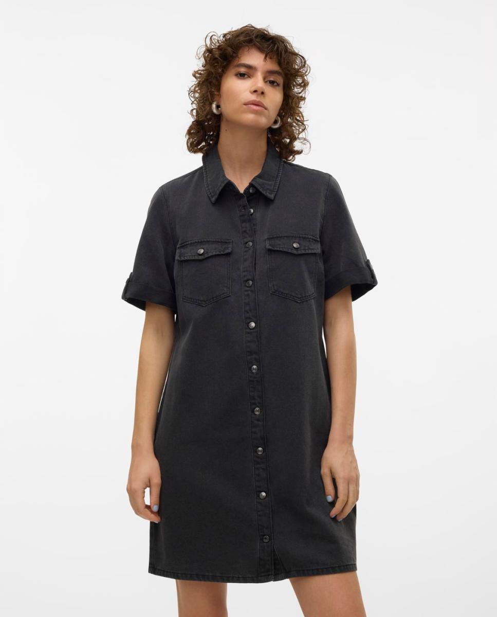 Vestido de ganga com manga curta Preto-2