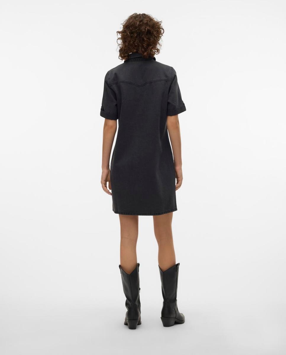 Vestido de ganga com manga curta Preto-4