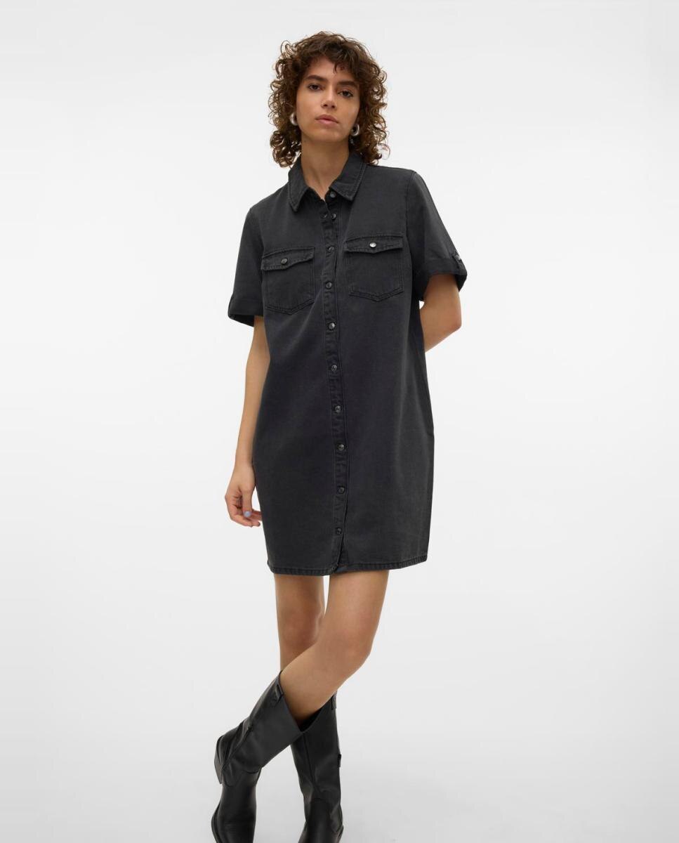 Vestido de ganga com manga curta Preto-5
