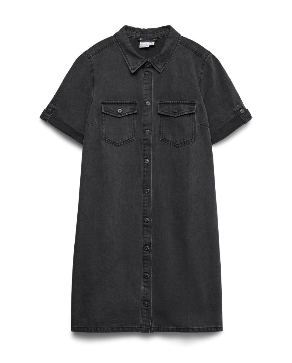 Vestido de ganga com manga curta Preto-6