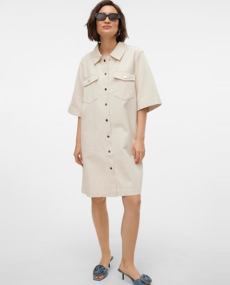 Vestido Curto de Ganga Branco-gelo-3