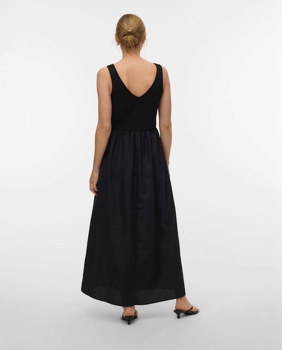 Vestido Comprido com Decote em Bico e sem Mangas Preto-2