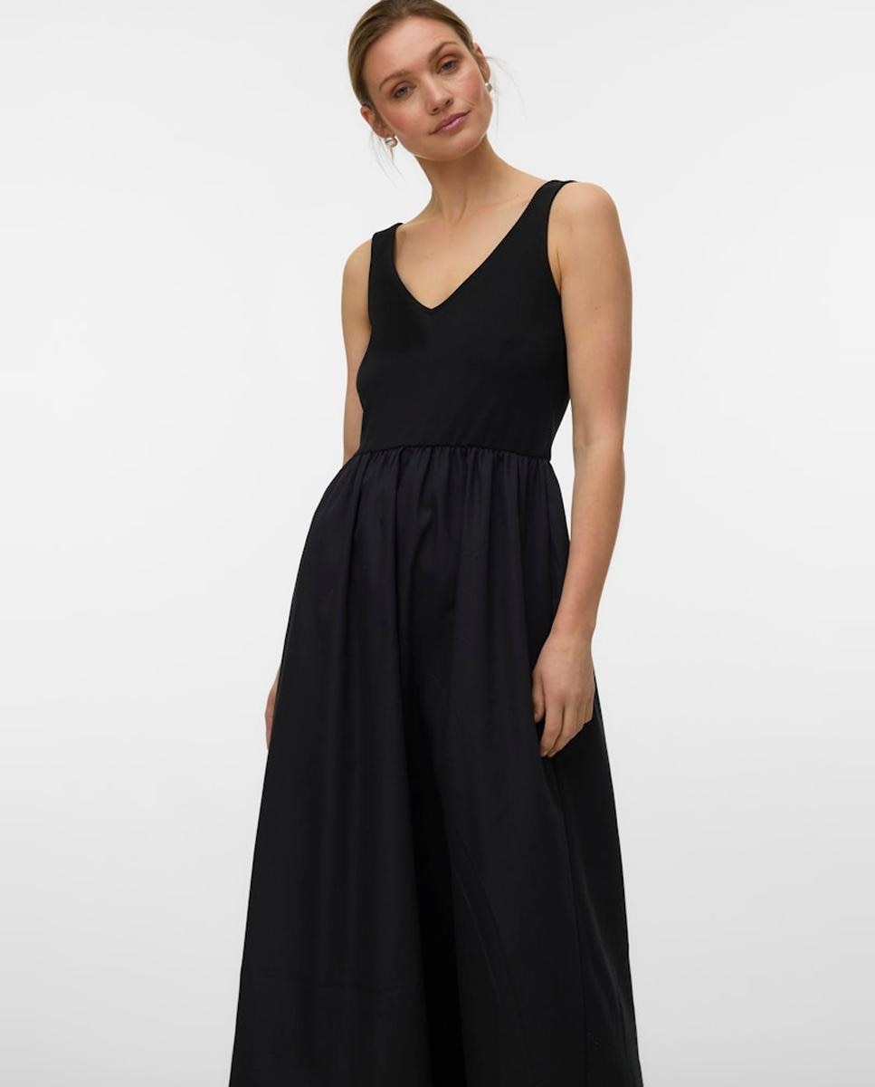 Vestido Comprido com Decote em Bico e sem Mangas Preto-4