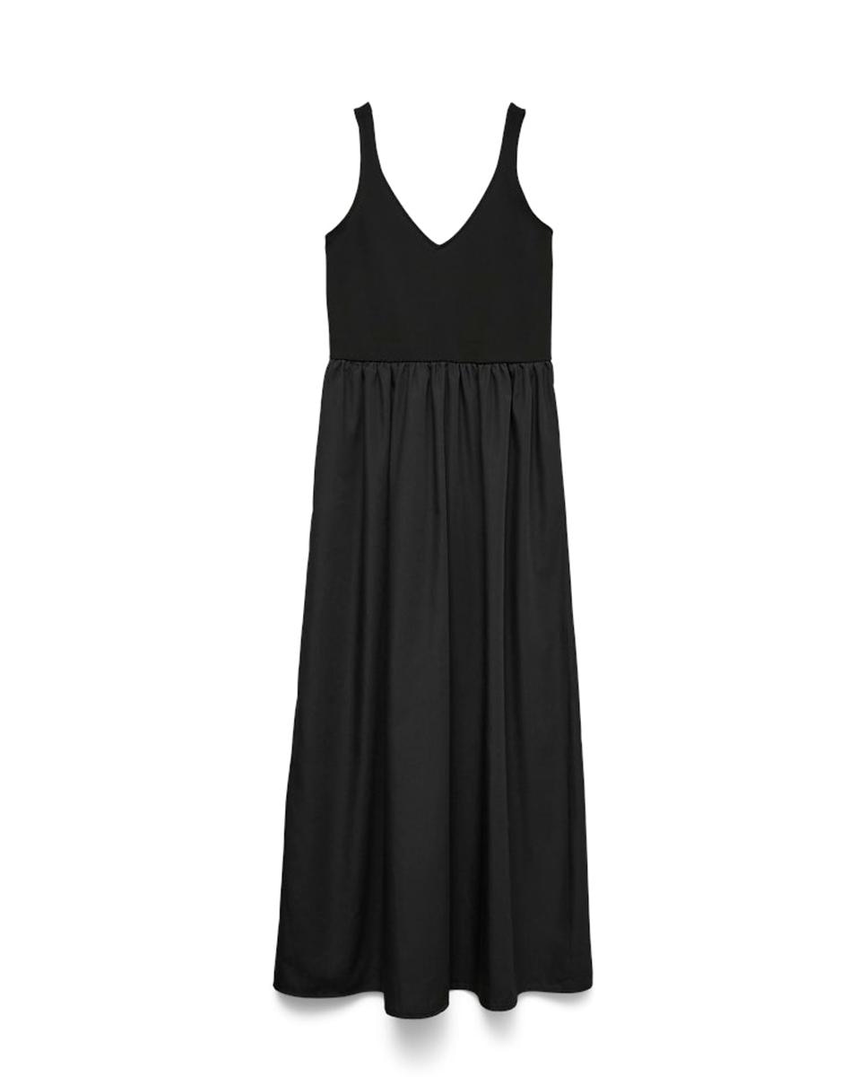 Vestido Comprido com Decote em Bico e sem Mangas Preto-5