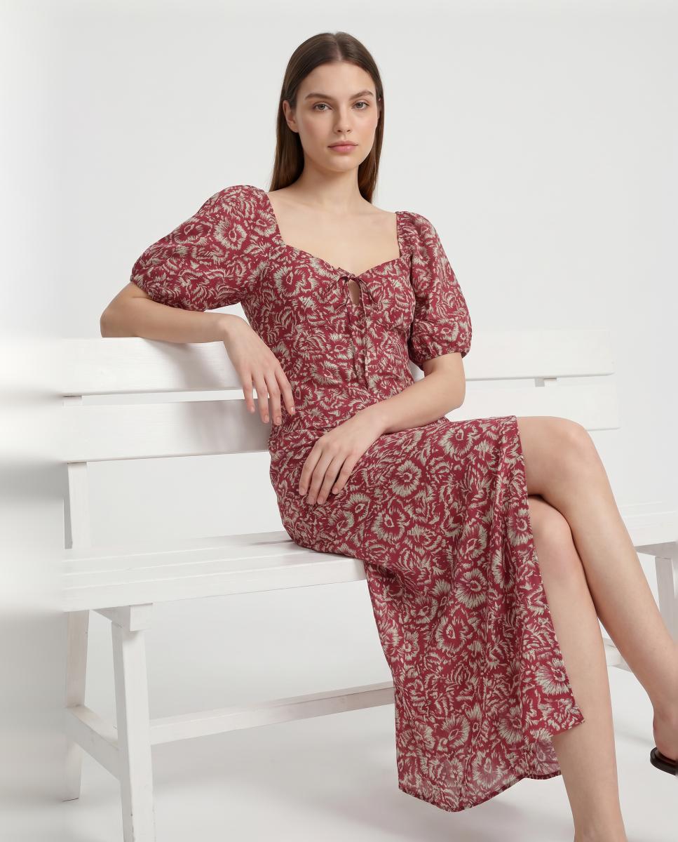 Vestido Comprido de Manga em Balão Bordeaux-2