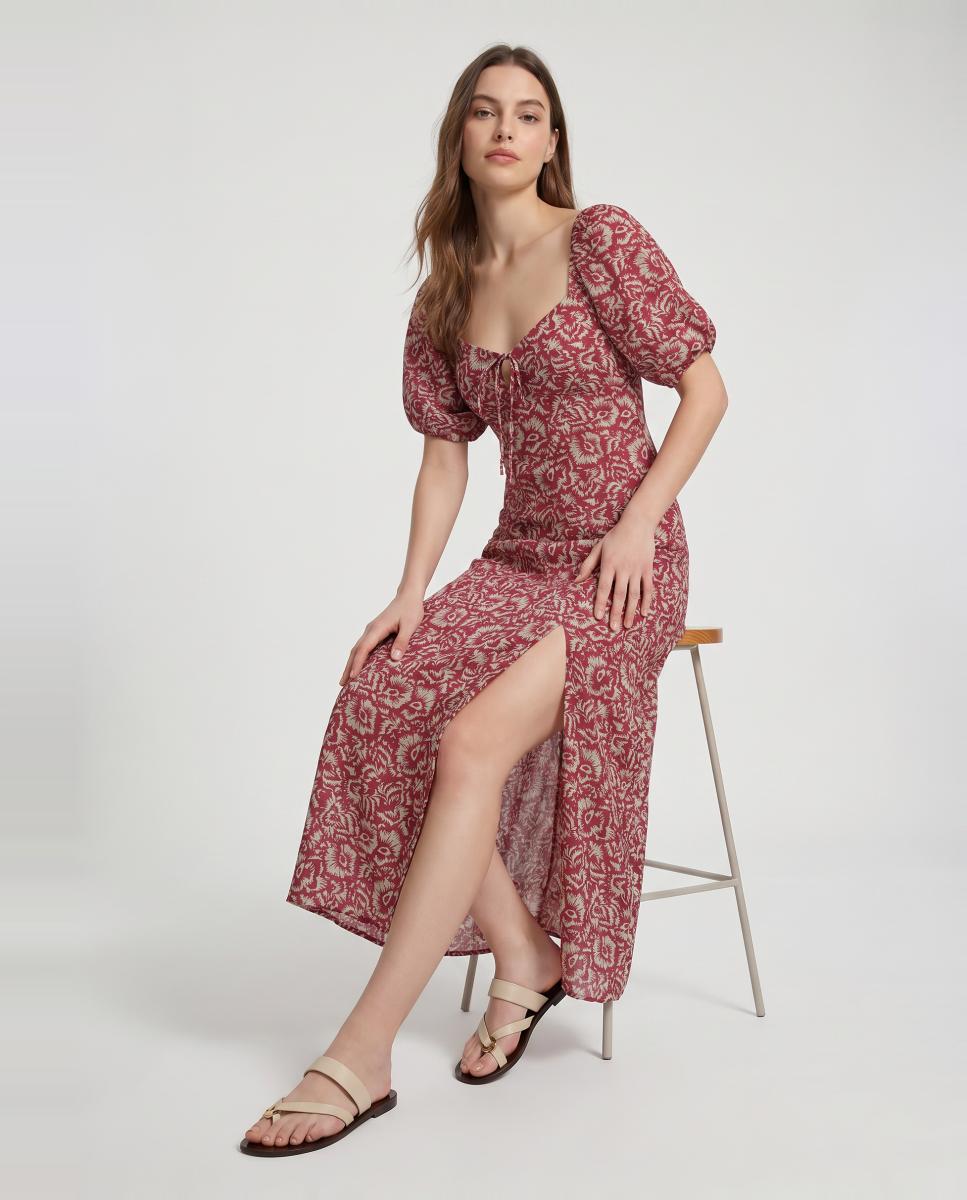 Vestido Comprido de Manga em Balão Bordeaux-4