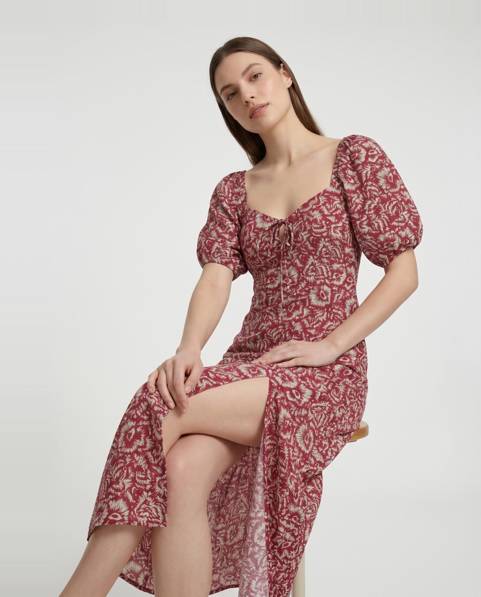 Vestido Comprido de Manga em Balão Bordeaux-5
