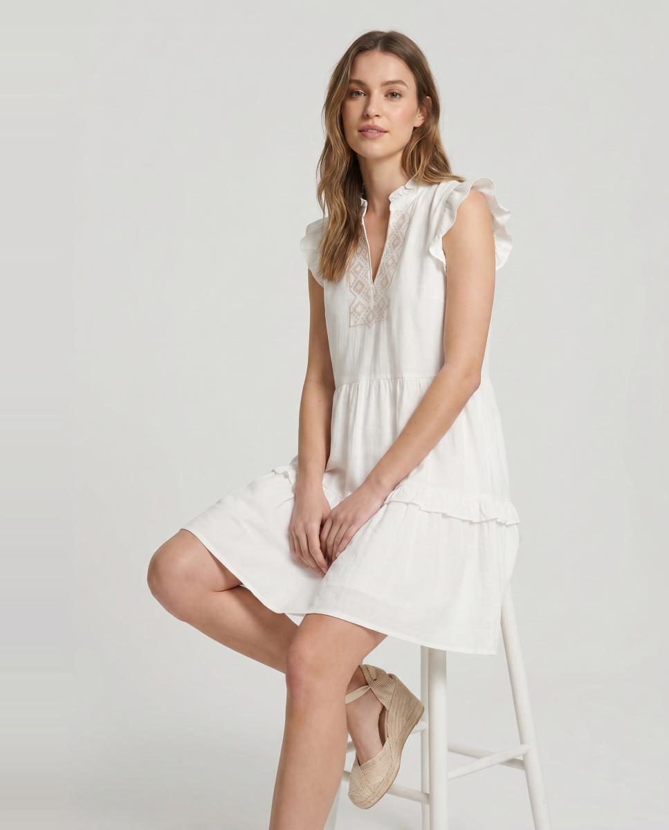 Vestido curto com folhos Branco-2