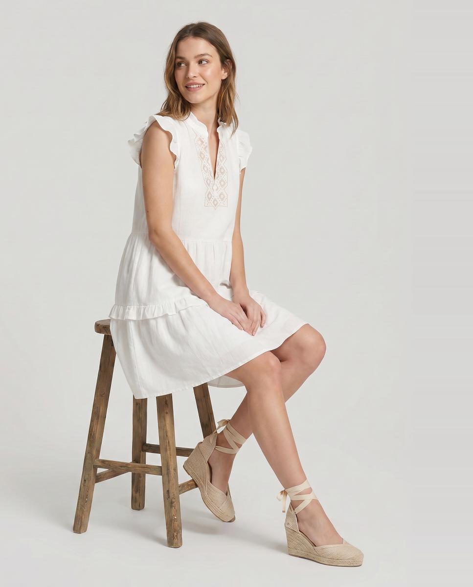 Vestido curto com folhos Branco-4