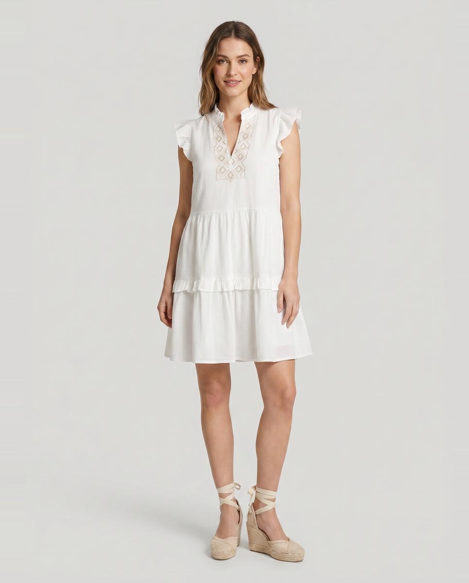 Vestido curto com folhos Branco-5