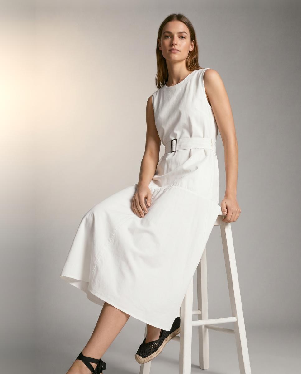 Vestido comprido com cinto Branco-3