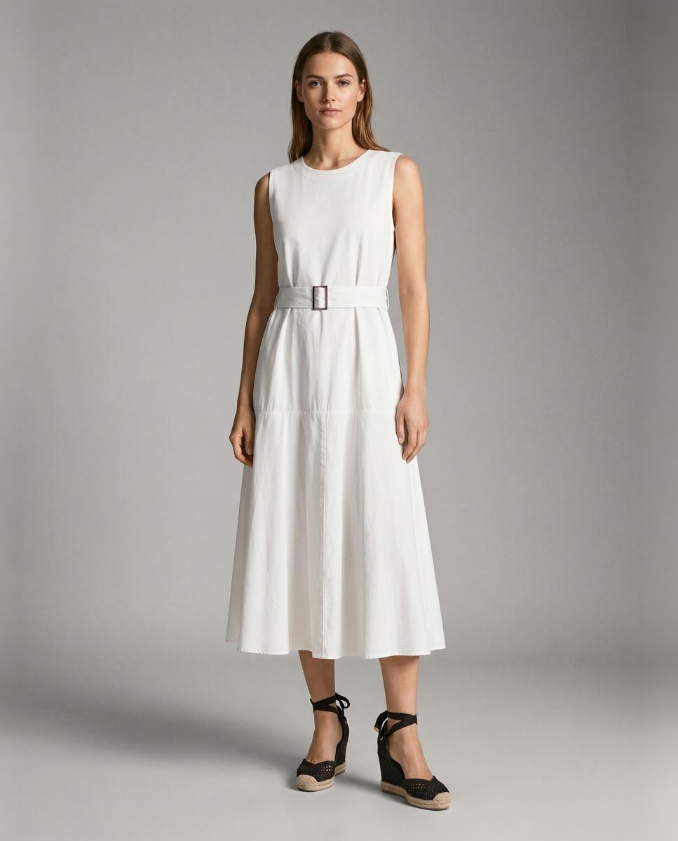 Vestido comprido com cinto Branco-4