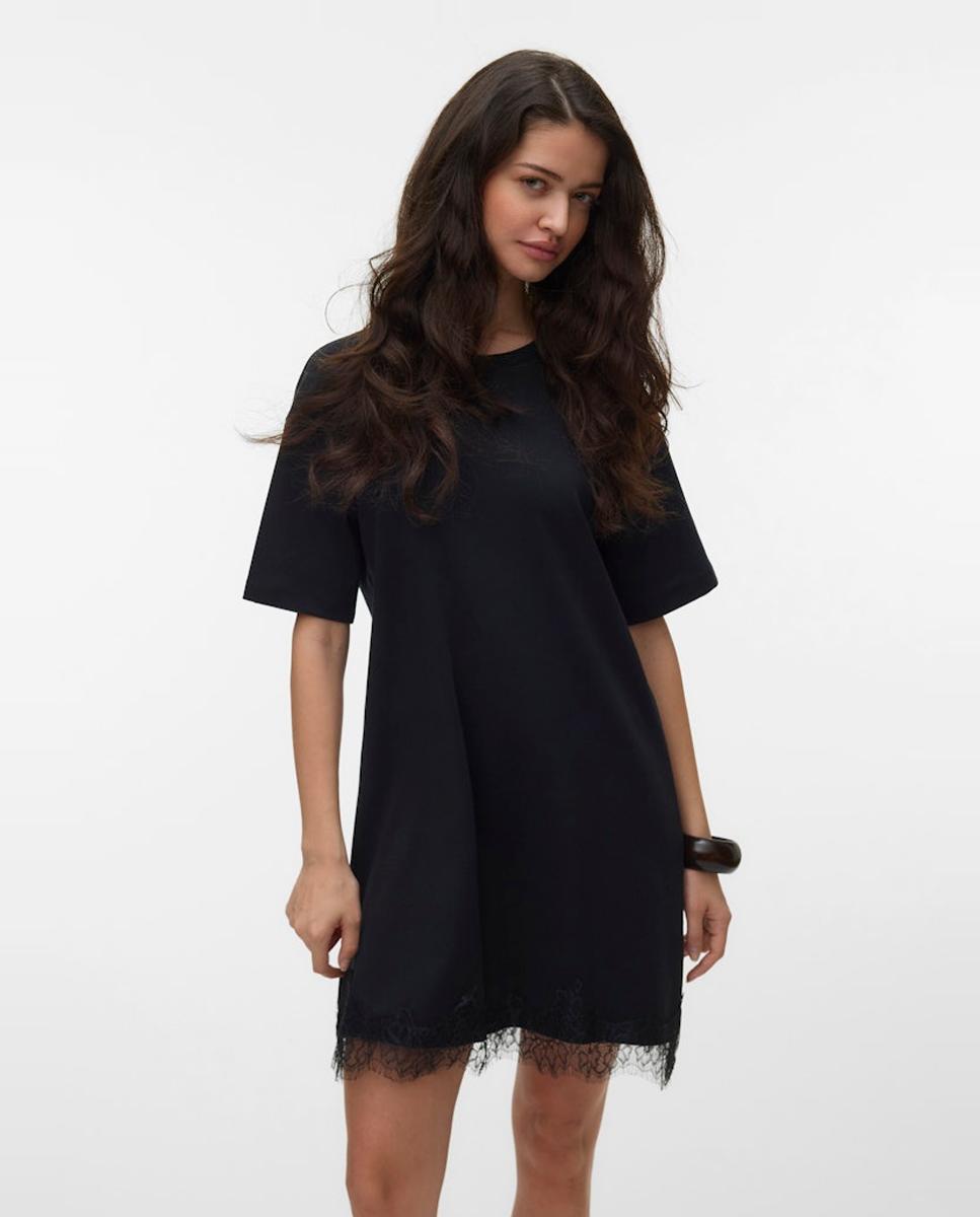 Vestido Curto com Parte Inferior de Renda Preto-4
