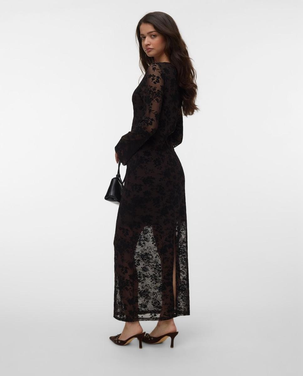 Vestido Comprido Semitransparente com Estampado Castanho-escuro-2