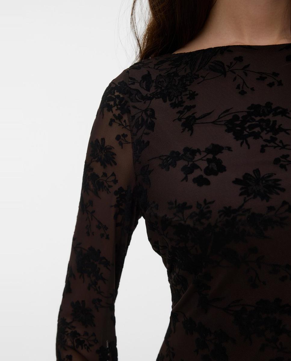 Vestido Comprido Semitransparente com Estampado Castanho-escuro-3