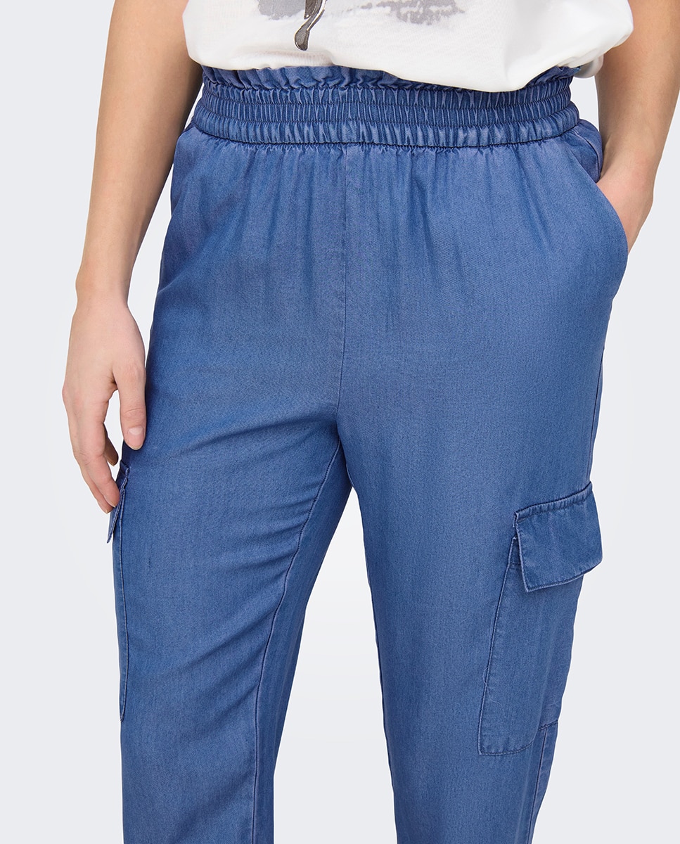 Calças Cargo com Cintura Subida Azul-5