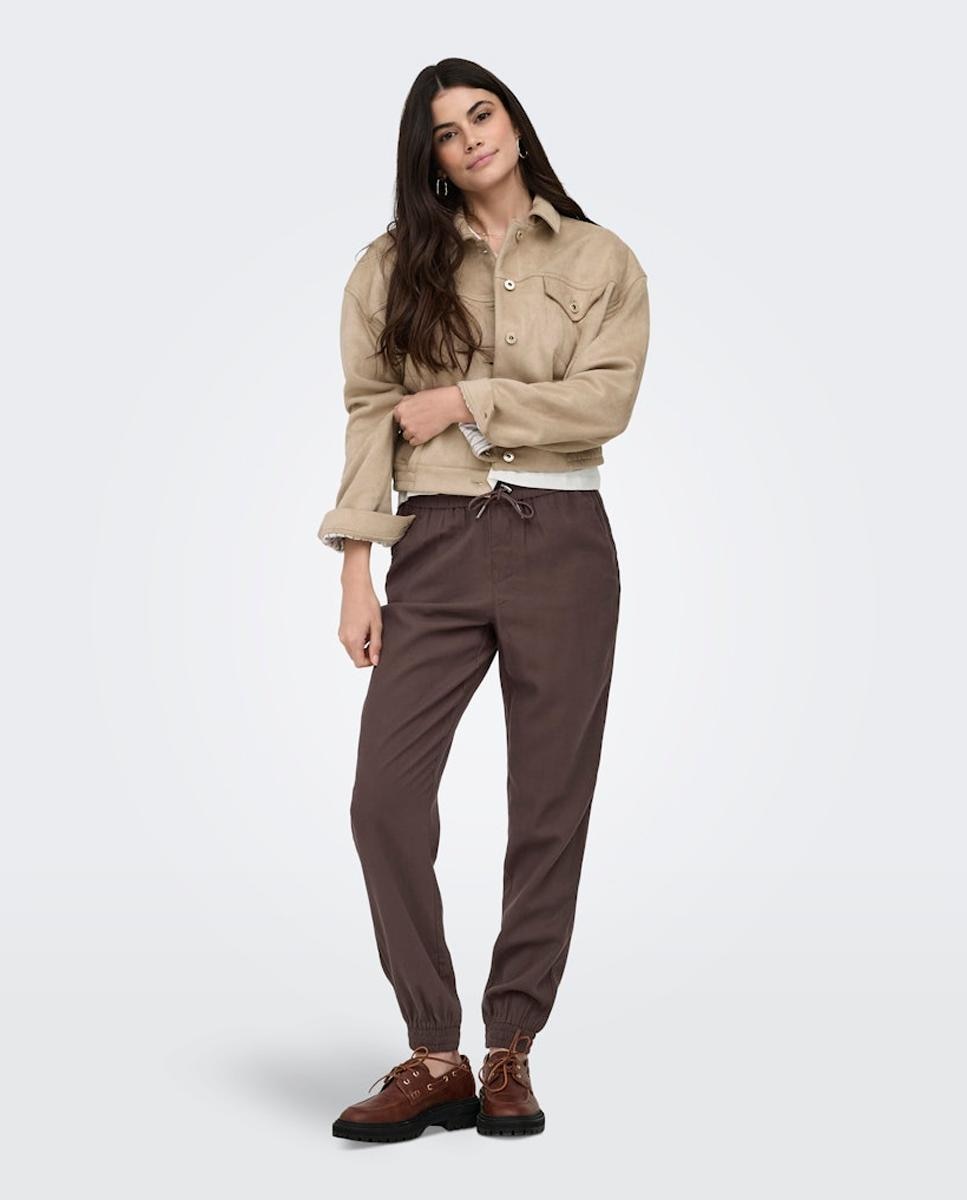 Pantalón largo de mujer con cintura elástica y cordón - Only - Marrón Marrón-1