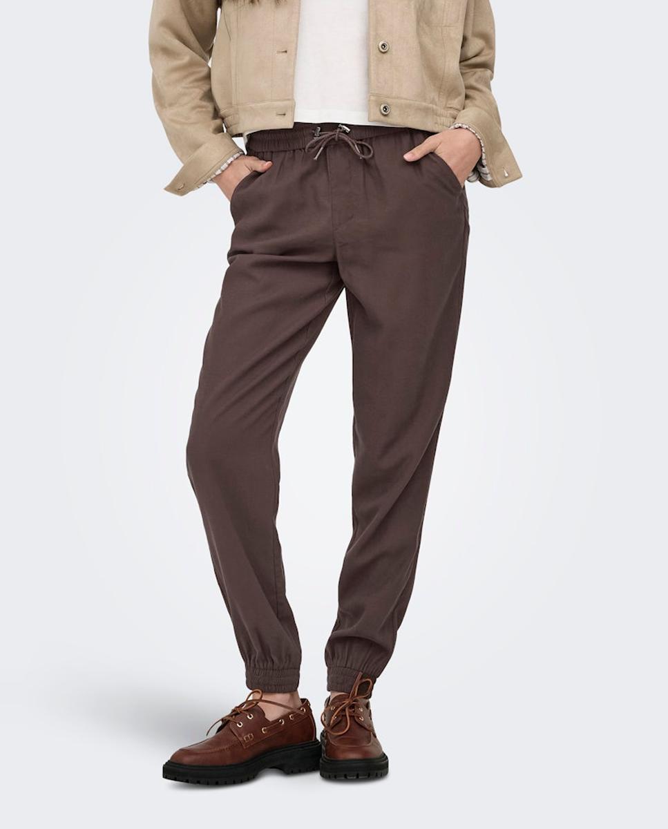 Pantalón largo de mujer con cintura elástica y cordón - Only - Marrón Marrón-3