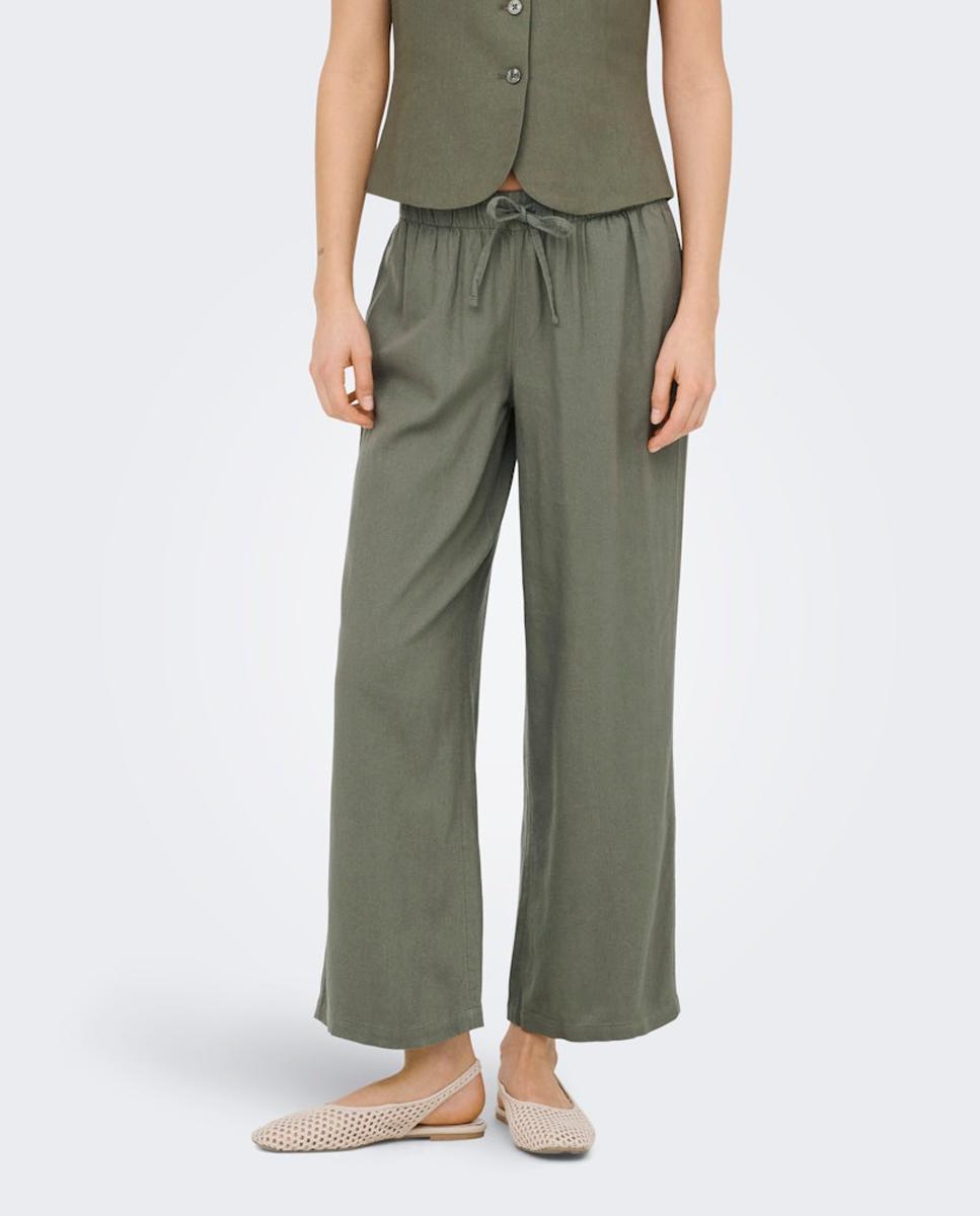 Calças Culotte de Cintura Média com Cordão Verde-escuro-2