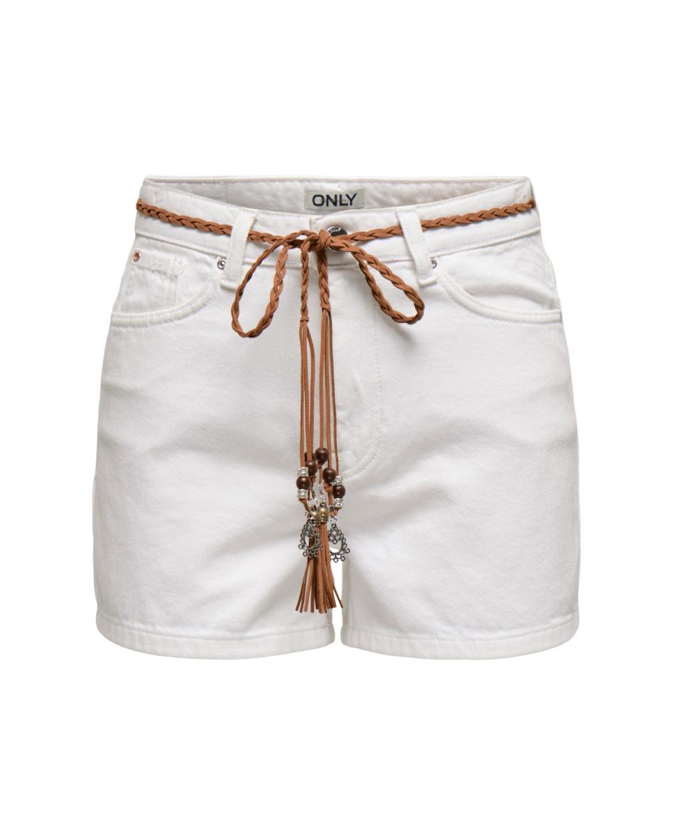 Calções de Ganga de Cintura Subida com Fecho de Botão e Fecho de Correr Branco-4