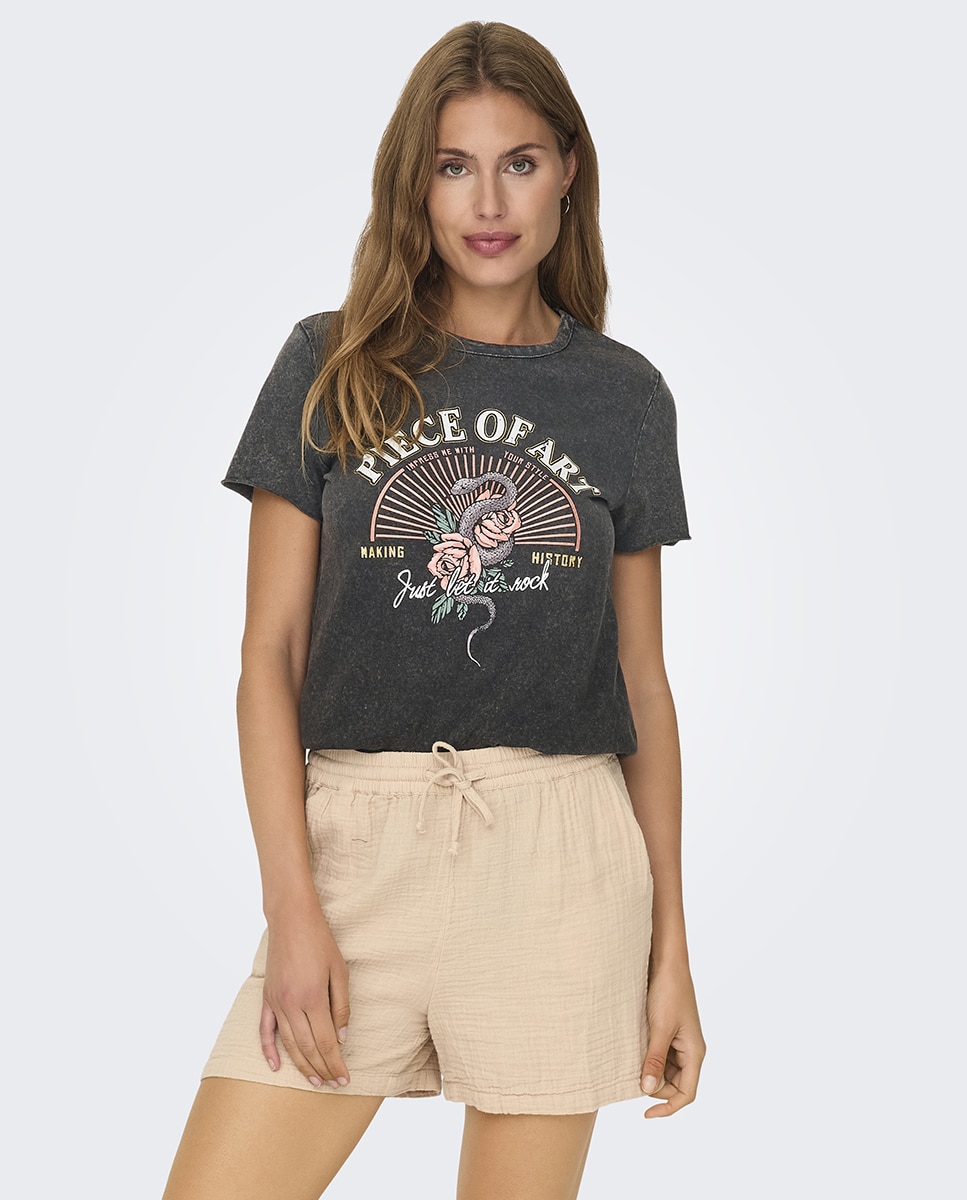 Camiseta de mujer de manga corta con dibujo frontal - Only - Negro Melange Negro Melange-1