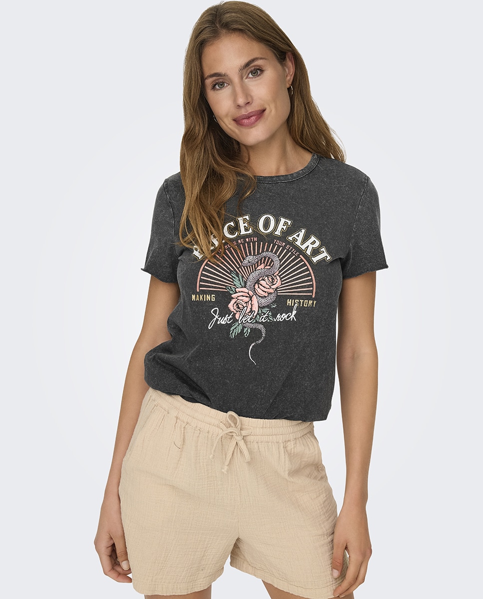 Camiseta de mujer de manga corta con dibujo frontal - Only - Negro Melange Negro Melange-3
