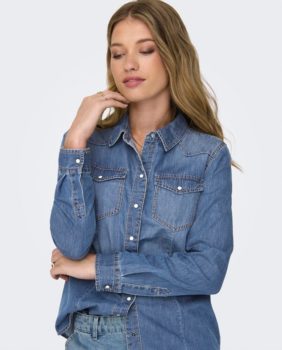Camisa de ganga com manga comprida Azul-4