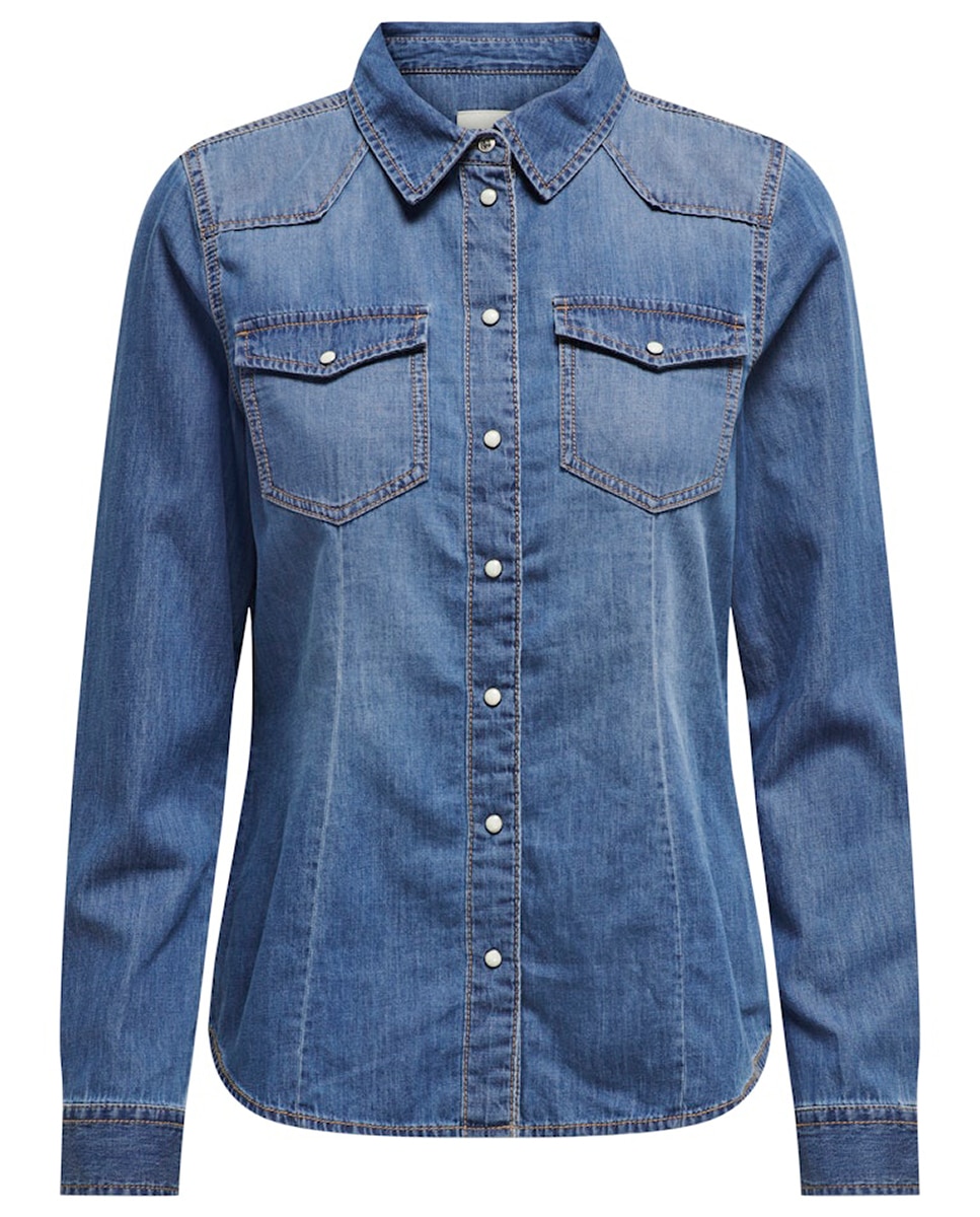 Camisa de ganga com manga comprida Azul-7