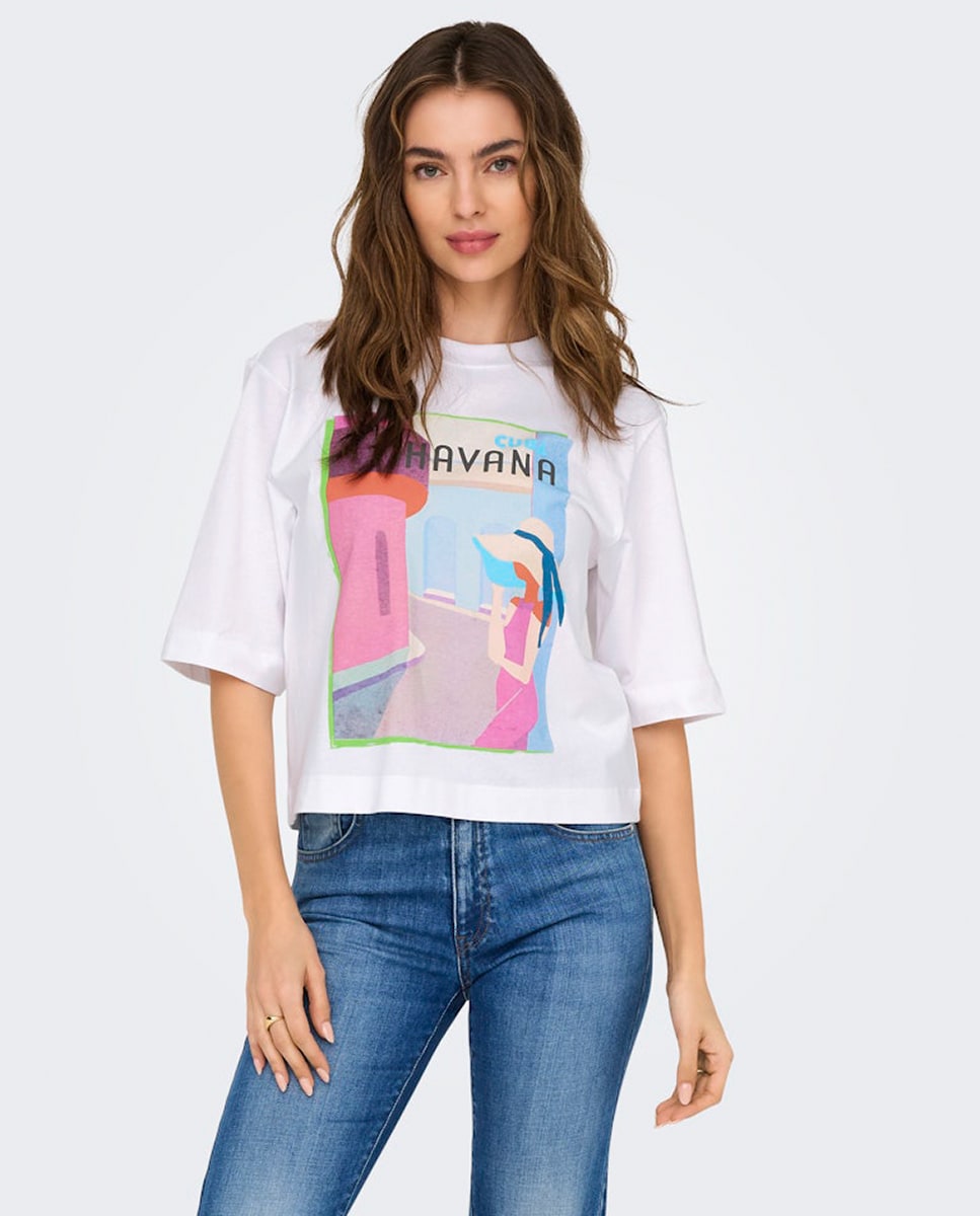 T-shirt com desenho à frente Rosa-1