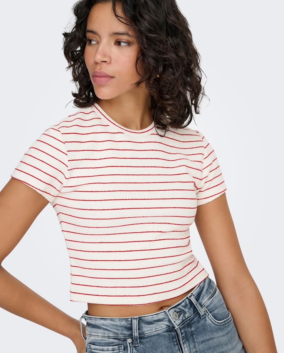 Camiseta corta de mujer de manga corta y cuello redondo - Only - Rojo Rojo-3