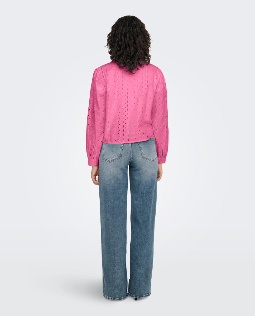 Camisa de Manga Comprida e Decote em Bico Rosa-2