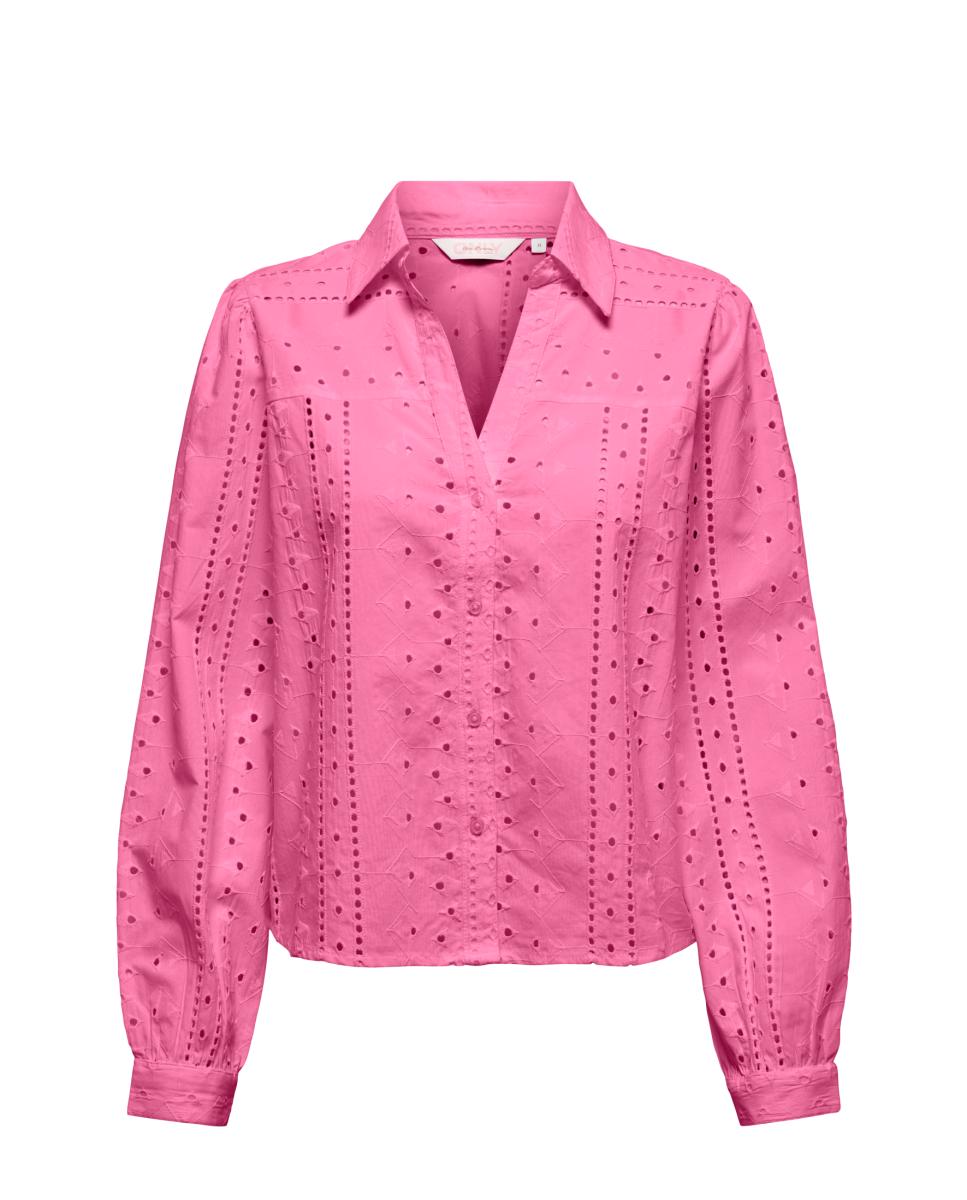 Camisa de Manga Comprida e Decote em Bico Rosa-3