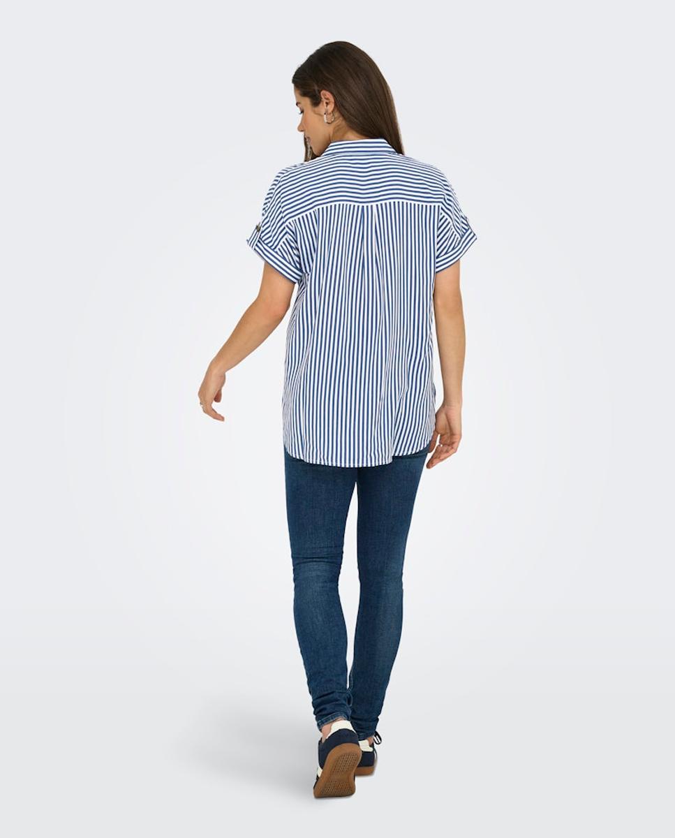 Camisa de Manga Curta com Parte Inferior Mais Comprida Azul-2