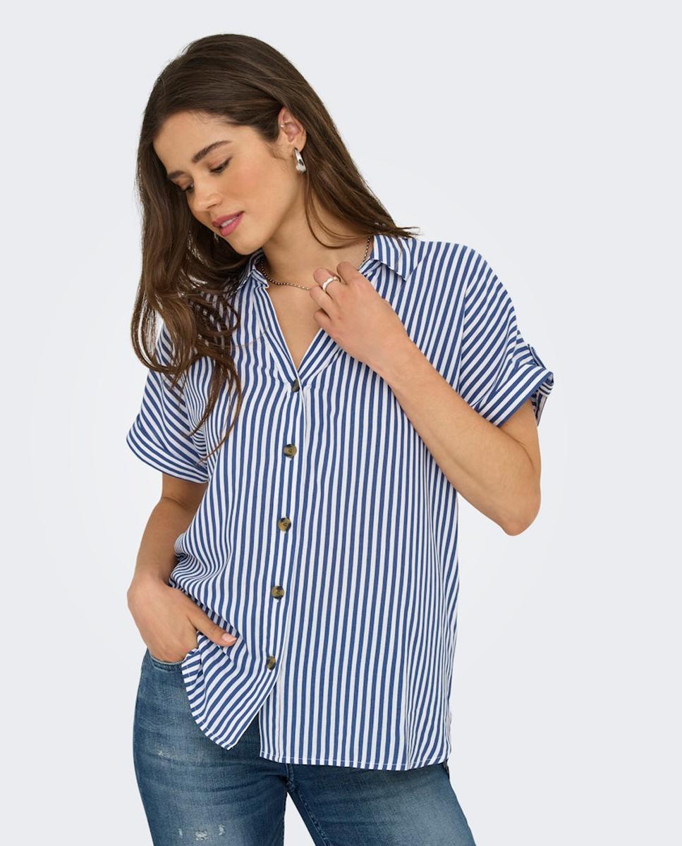 Camisa de Manga Curta com Parte Inferior Mais Comprida Azul-3
