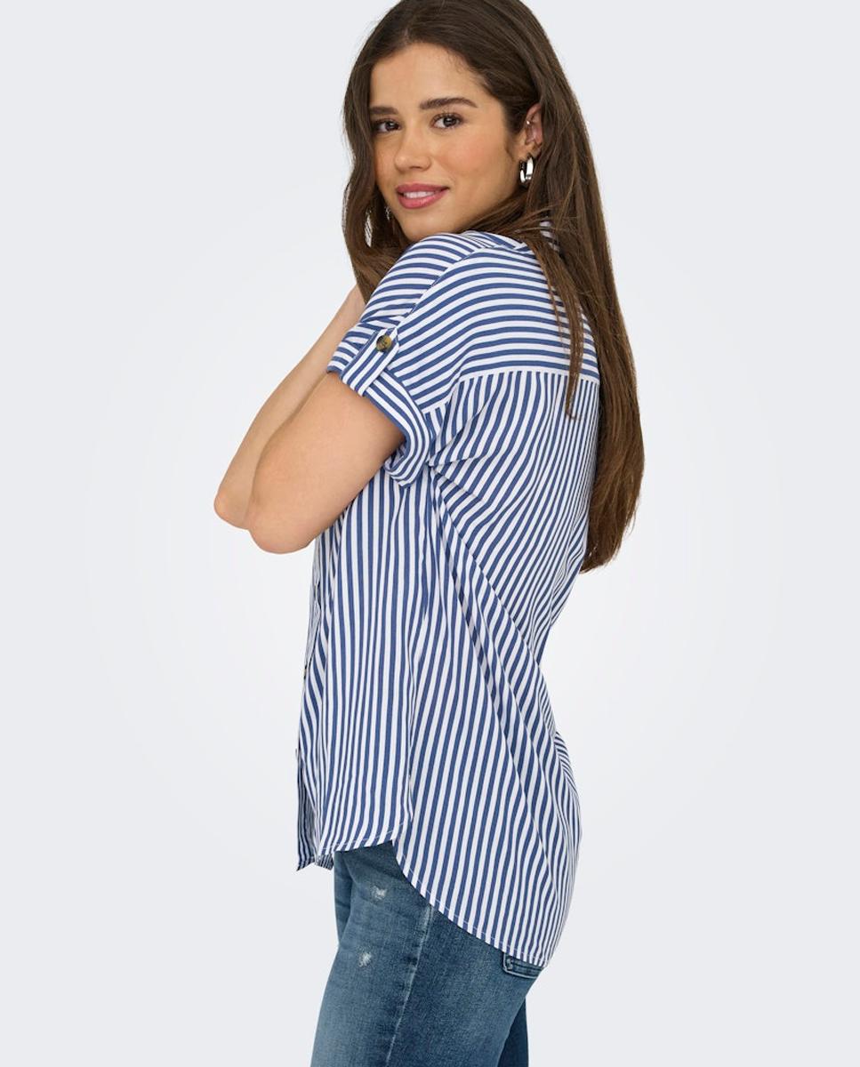 Camisa de Manga Curta com Parte Inferior Mais Comprida Azul-4