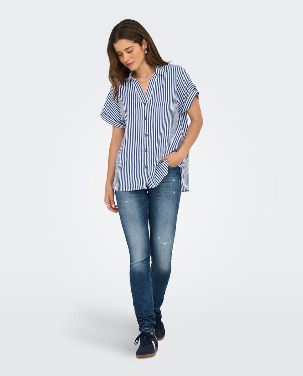 Camisa de Manga Curta com Parte Inferior Mais Comprida Azul-6