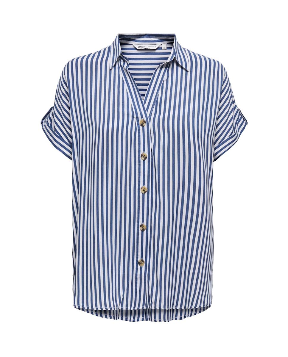 Camisa de Manga Curta com Parte Inferior Mais Comprida Azul-5